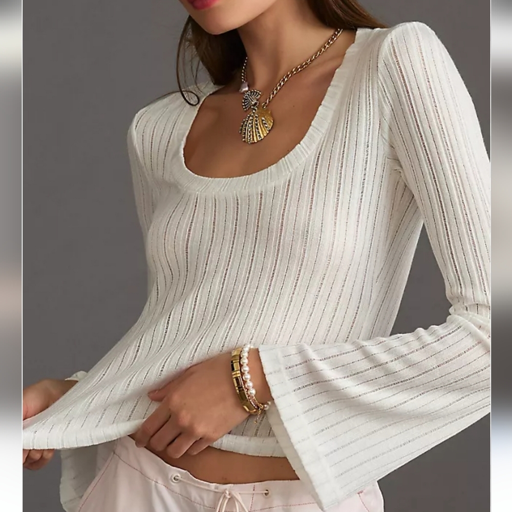 Anthropologie Pointelle Bell Sleeve Top